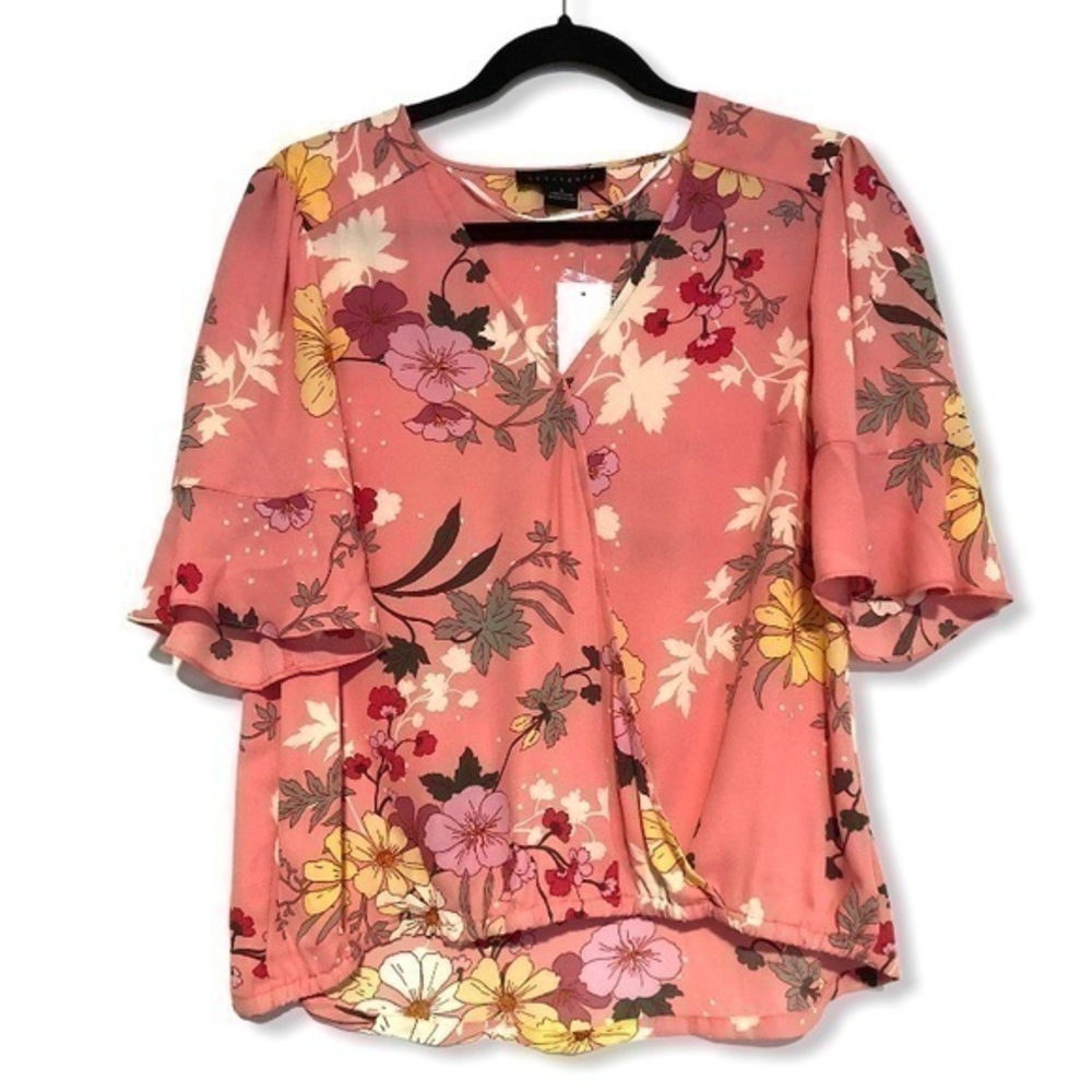 Sanctuary pink floral short sleeve wrap top
